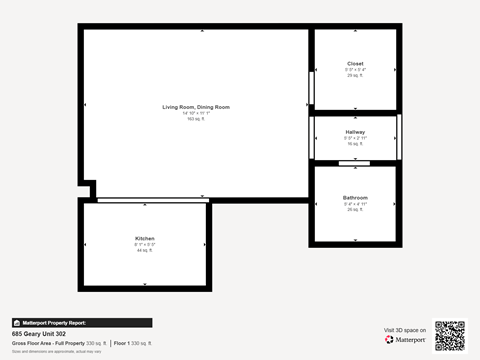 Floor plan for studio, 1 bath, 290 sqft